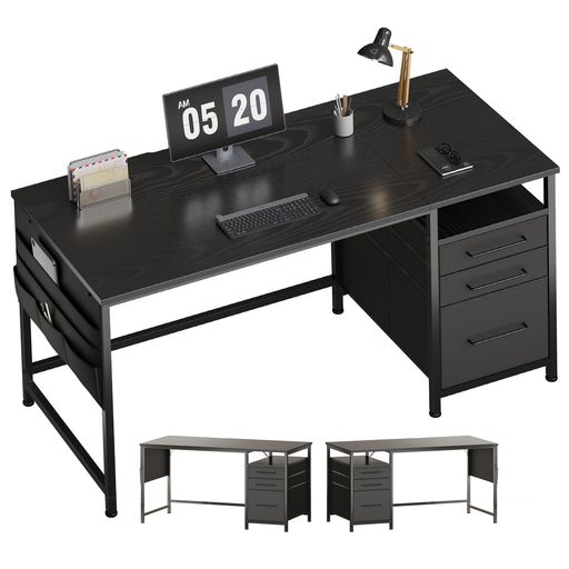 MAIHAIL机PCデスクパソコンデスクつくえラック付きデスク幅140CMx奥行60CM引き出し付き在宅ワークデスクオフィスデスク勉強机学習机左右入替可テレワーク黒い