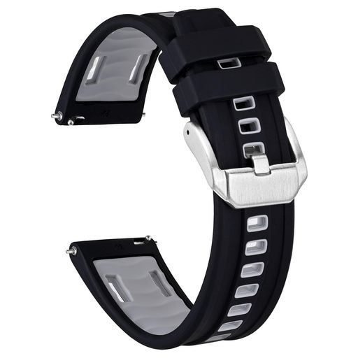 高品質な素材:柔軟なシリコンで作られます。このシリコン製の時計バンドは柔らかく、快適で、耐久性と通気性があり、洗濯しやすくて、、防水防汗ため、雨や汗は時計バンドを壊れることを心配する必要はありません。 バイカラーデザイン:このバンドは2種類のカラーを選んで組み合わせます。貴方の好みやニーズに応じてバイカラーを選んで、時計を飾ることができます。 サイズについて:この交換ベルトはラグ幅が20mm、22mm、24mmの時計に適します。バンドの長さは75mm+125mm、参考する手首は150-210mm(5.9-8.2inch)。多い穴のデザインで、バンドの長さは自由に調整できます。 クイックリリース:工具を使わず、タッチしたり押すだけで時計バンドのインストールが非常に簡単で迅速です。初心者でも簡単に取り換えます。 防水、防汗:この時計バンドは良い防水性があり、日常使用でも水の活動でも、水の浸透を防ぐことができます。また、耐汗性に優れており、スポーツ中の着用に適します。