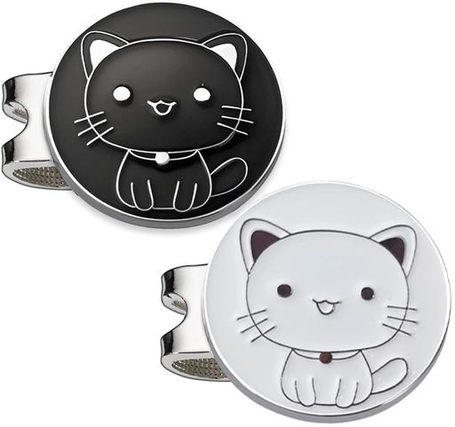 Adhere ゴルフマーカー 台座セットロゴボールマーク かわいい猫と 黒 白 デザイー 2個入り (黒と白・2個)