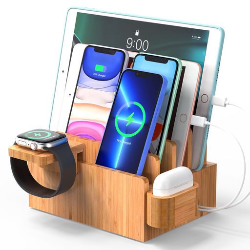 PEZIN & HULIN スマホ充電スタンド 竹製 ドッキングステーション 複数のデバイスをまとめて充電可能 モバイルバッテリをスッキリ収納でき、スマホ/タブレット/スマートウォッチ/イヤホンなど対応でき