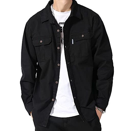 [netero]メンズミリタリーシャツ長袖綿無地ワークカーゴカジュアルシャツポケット付き秋冬春夏ブラック..