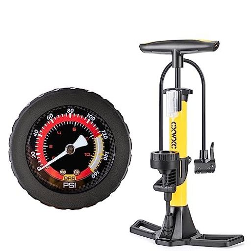 CXWXC自転車空気入れ仏式/英式/米式バルブ対応大型ゲージ付き160psiミニフロアポンプ浮き輪/ボールアダプター付きアルミ製イエロー(CX-4532F)