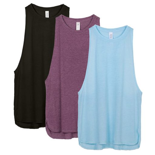 [icyzone]タンクトップ緩いワークアウトシャツ通気速乾軽量レーサーバックランニングジムヨガダンストップスレディース3枚組(S、ブラック/グレープ/スカイブルー)
