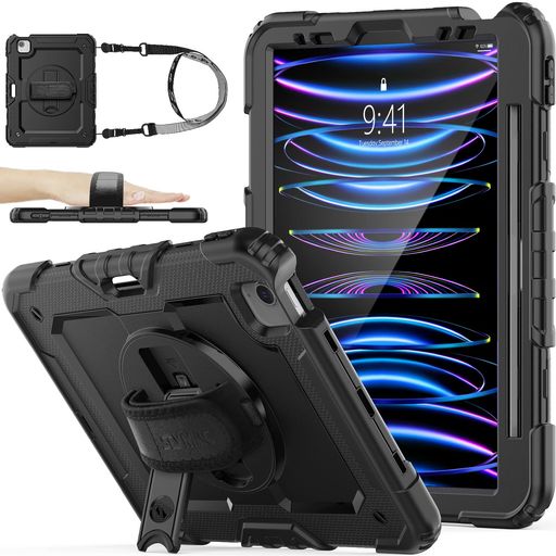 SEYMACstock11インチiPadPro第4世代2022ケース耐衝撃保護フィルム付きペン収納360°回転スタンドハンドストラップショルダーストラップ全面保護カバーiPadPro
