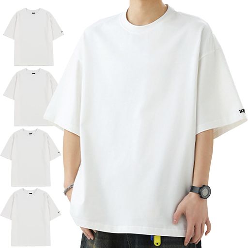 [uptoyou]Tシャツメンズ半袖8.1オンス綿100柔らかい秋用透けない無地大きいサイズヘビーウェイトビッグシルエット吸汗速乾厚手刺繍ワンポイント丸首定番トップス秋冬重ね着(XLホワイト(4枚…