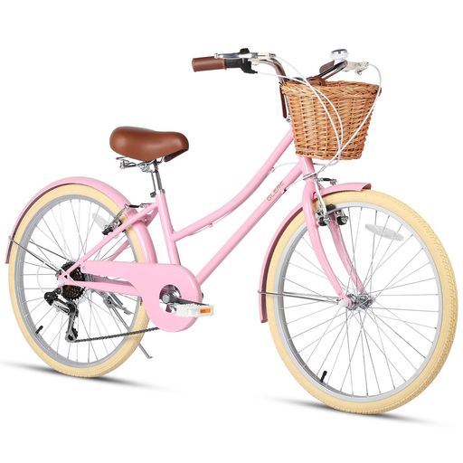 GLERC 女の子自転車 可愛い小中学生自転車 シティーサイクル ママチャリ レトロ おしゃれ 手編み藤カゴ付き SHIMANOシマノ6段変速 リアギア変速 通学用 24インチ 適用身長145~175CM ピンク