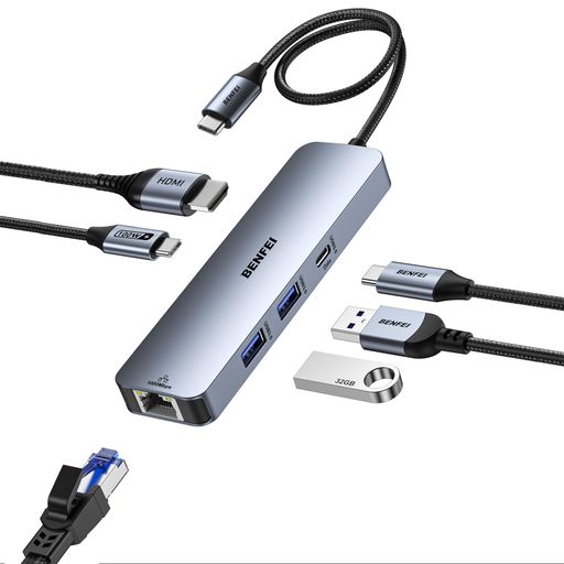 BENFEIUSBCハブ6-in-1HDMI(4K@60Hz)、USB-Ax2、USB-Cデータx1、100W充電、ギガビットイーサネット、絡まりにくいシリコンケーブル、MacBookPro/Air、iPad(2.0)
