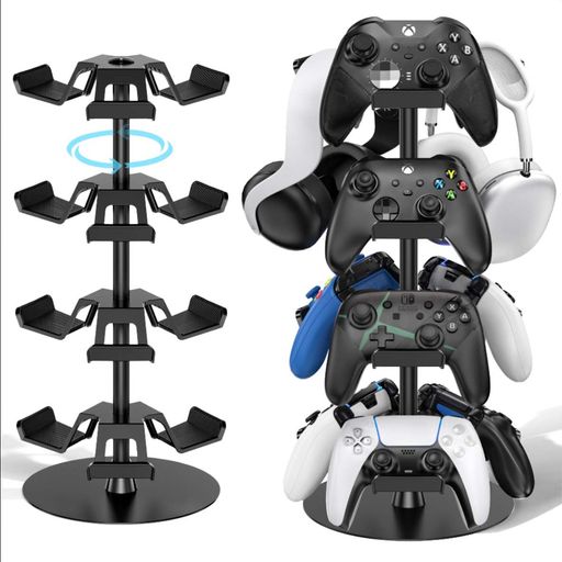 コントローラースタンド4層対称設計12つまで縦に収納ゲームコントローラー収納ラック卓上ヘッドホンスタンド360度回転式ヘッドセットホルダー組み立て簡単頑丈で安定省スペース整理整…