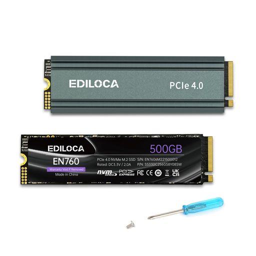 Ediloca EN760 SSD ヒートシンク付き 500GB PCIe Gen4x4 NVMe M.2 2280 PS5動作確認済み 最大読込: 4800MB/s 最大書き:2650MB/s 3D NAND TLC 内蔵SSD ダイナミック SLC