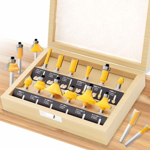 ▲12本組, 色: イエロー, シャンク径: 6mm。ルータービットの刃部にYG6Xタングステン鋼合金を採用し&amp;表面塗装, 切削力に優れ美しく仕上げられます, 最大の強度と耐久性を実現ことができます。 ▲使用頻度の高いビット, すべてのビットは経験豊富な大工から投票されます。木製収納ボックス付き,携帯便利,収納能力が強い。 ▲木材に適しています:ソリッドウッズ、MDF、ラミネート、パーティクルボード、合板コンパクトパネル、アクリル。 *鋼、鉄、砂などの非木材材料に適していない!▲注:この商品は木彫りに使用するものであり、穴を開けるためには適していません。 ▲対応機種:彫刻機、彫刻やフライス盤、トリミングマシン、コンピュータ彫刻機、垂直トリマー。 ▲注:使用中に製品が色落ちするのは正常です,表面の色落ちは、製品の通常の使用には影響しません実際の柄部径は全て6mm以下です(5.95プラスマイナス0.02)。機械への簡単な取り付けを可能にするために、このようなサイズになっています。