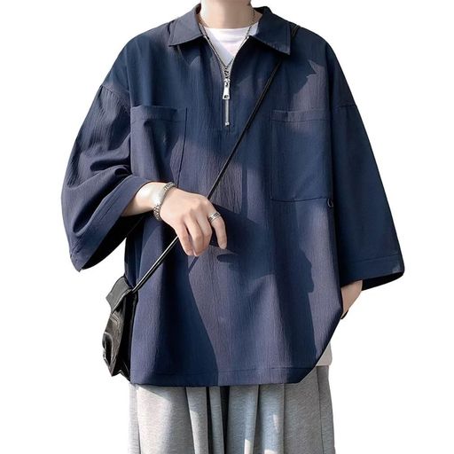 [Trysimple]カジュアルシャツ半袖メンズ半袖シャツ大きいサイズTシャツブラウスハーフジップ体型カバープルオーバーゆったり夏服無地ポケット付き(Lネイビー)