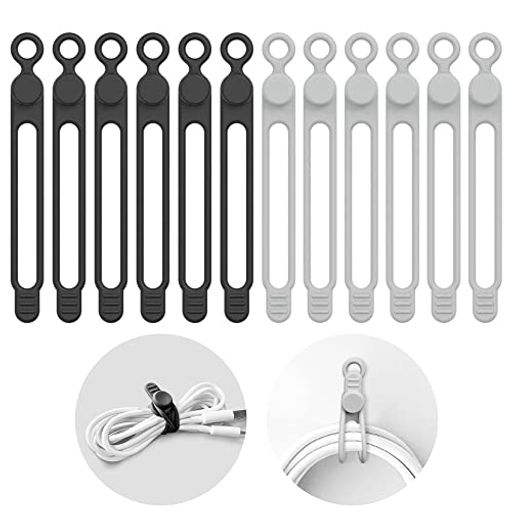 Pakalikケーブルバンドシリコンケーブルクリップケーブルまとめるイヤホンコード収納多機能ドライヤー/ヘアアイロンの配線整理ブラックグレー12本セット