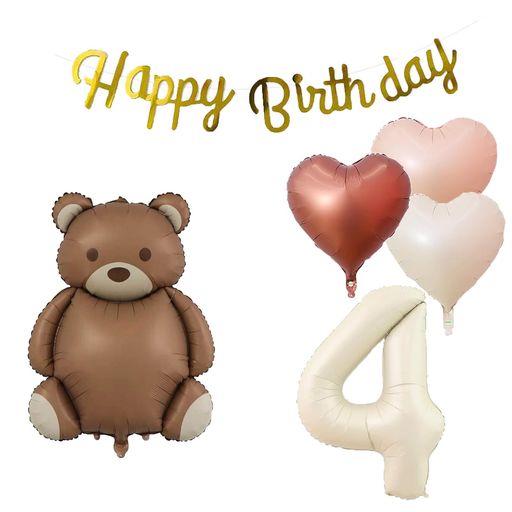 4歳誕生日バルーン風船飾り付けセット数字バルーン4チョコレート熊HAPPYBIRTHDAYガーランドハート風船バースデーバルーン装飾キッズバースデーキットお祝い写真背景インスタ映え子供男の…