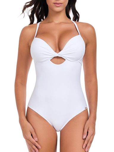 [RELLECIGA]レデイース水着ワンピースVネック盛れる体型カバー女性用水着温泉サウナプール(ホワイト、M)