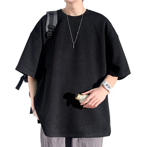 [Culeevp]夏服メンズtシャツ半袖大きいサイズ無地五分袖速乾性柔らかい服黒L