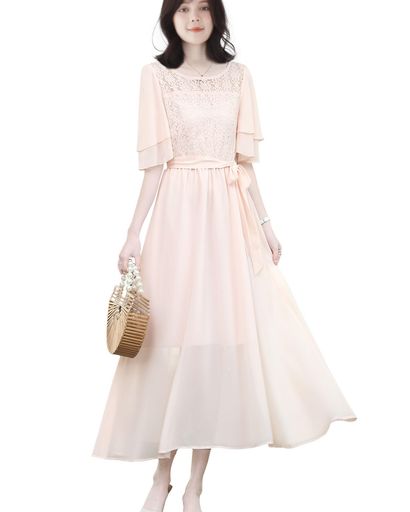 [Yino]ワンピースレディースロングワンピースレース切り替えフレア袖半袖ベルトシフォンハイウエストさ..