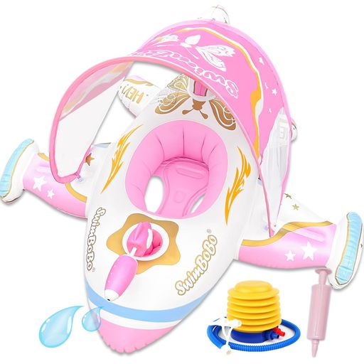 VBACALAうきわ浮き輪足入れタイプ子ども浮き輪かわいい飛行機の型水泳リング水鉄砲ウォーターガン取り外し可能屋根付きフロート浮輪2種類の空気入れ噴水水遊び海水浴プールアウトドア…