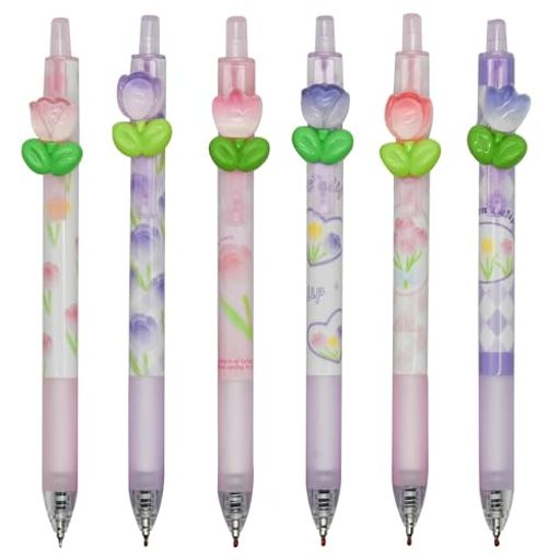 Maydahuiおしゃれチューリップ花ノック式ボールペン6本セット0.5mm黒インクかわいいロマンチックフラワ..