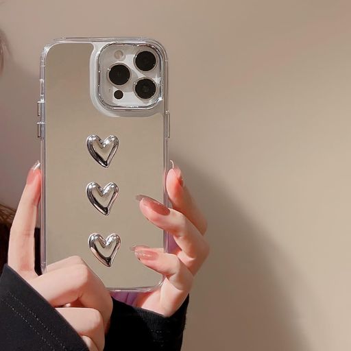 ZTOFERAIPHONE13ケース用、かわいい3Dハートミラーガールズ女性メイク電話カバーIPHONE14用、シルバーハート型透明IPHONE13、IPHONE14スマホケース用、3つの心