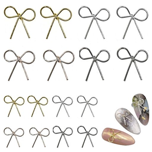 PAVIKEネイルパーツメタル蝶結びリボン16個セット2サイズ蝶結びワイヤーリボンメタルパーツバレー風シ..