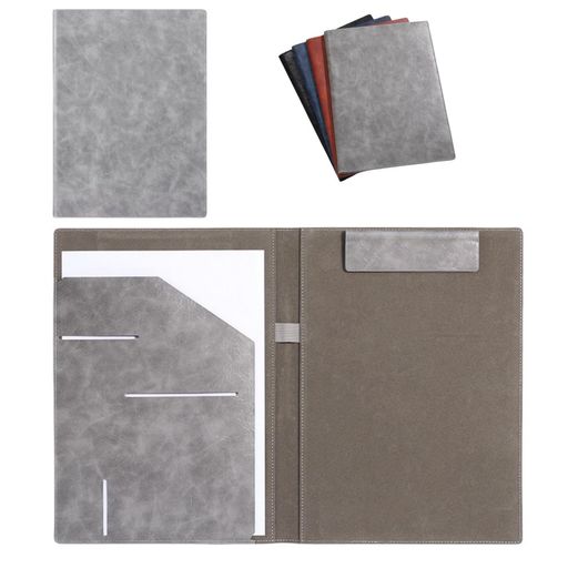 MEIQIAOLEIバインダークリップボードクリップファイルベルポストA4タテ革贈り物PU名刺入れ多機能プレゼントペンホルダーポケット付き(グレーPUレザー)
