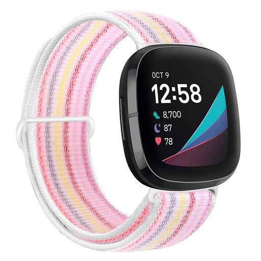コンパチブル FITBIT VERSA 3/FITBIT SENSE バンド、ナイロンスポーツバンドブレスレット通気性調節可能な軽量交換ストラップリストバンドアクセサリ (ピンクのピンストライプ)