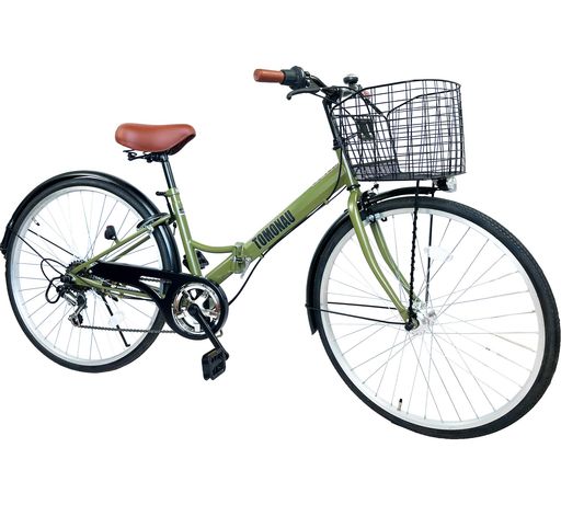 TOMONAUシティサイクルママチャリ折り畳み自転車26インチ6段変速LED自転車ライト折りたたみ自転車ひし..