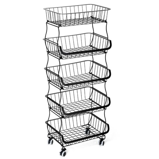【商品仕様】この製品には 3 つのサイズがあります。本体は丈夫で高品質なスチールを採用し、表面は錆びにくい粉体塗装加工を施されていて、頑丈で耐久性があります。カゴ1つあたりの耐荷重は10kgで、重いものも軽いものも、きちんと収納できます。 【キャスター付きのメタルワゴンラック】キッチンワゴンに4つの360°回転可能なキャスターが付いているので、床を傷つけずに楽に移動できますし、お掃除などに面倒をおかけしません。また、キャスターに2つストッパー付きで、もっと安心安全に使えます。 【シンプルで実用なデザイン】斜めなデザイン:物を取り外しやすくため、一番上のバスケット以外に全ては斜めなデザインを採用し、手前は後ろより低くなってます。 【通気性が優れた】隙間が多く、通気性に優れた、アミ状フレームのバスケットラックで、湿気がこもりにくく、玉ねぎや芋類などの野菜を鮮度を守りながら保管して頂けます。 【自由に組み立て、幅広く使える】本製品はスタッキング式なので、お好みで1段から5段まで自由に組み立てられます。またはバスケットを一個一個を分けて収納ボックスとして、食器、調味料、食材、台所の小物などの収納にも適用します。