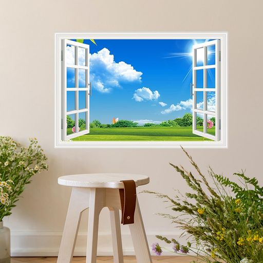 ウォールステッカー窓風景春3D窓枠風景壁紙ステッカー壁紙シールはがせるおしゃれ北欧青い空白い雲森林草原蝶花緑植物自然景色偽窓ステッカーポスター窓の景色窓ステッカー防水壁飾…