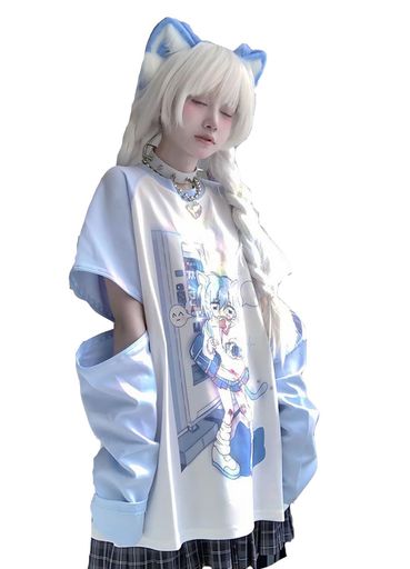 [XHSUKADO]Tシャツレディース服取り外す可能学院風夏秋春病み系アームカバー半袖長袖トップス綿お宅学生地雷系おしゃれサブカル系ブルー水色L