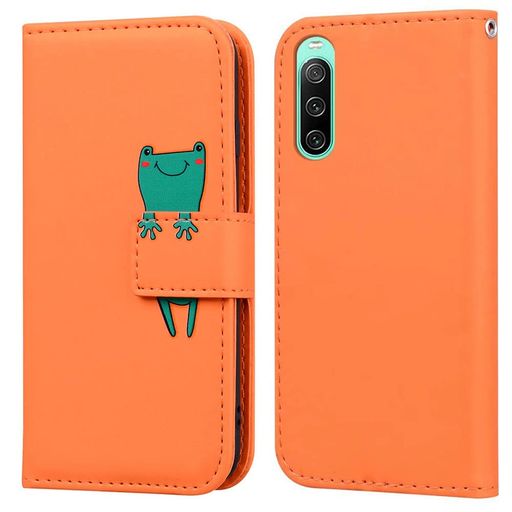 ALSDKEZI対応SonyXperia10IVケース手帳型ソニーエクスペリア10IV第4世代カバーオレンジ女性人気PUレザー財布型可愛いカバー緑のカエルかわいい動物耐衝撃保護ケーススタンド機能