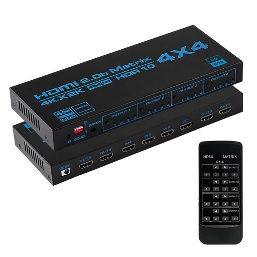 HDMIマトリックス4入力4出力4K@60HzHDR対応HDMIマトリックスセレクター4x4IRリモコン付きEDIDエクストラクタ4ポート切り替え4画面分配HDCP2.2、RGB4:4:4、YUV4:4:4