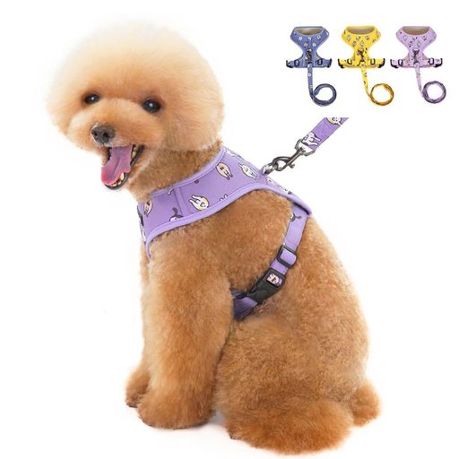 犬用ハーネス、小型・中型犬向け、散歩・ランニング・トレーニング用、ハーネスとベルトセット (紫の子犬の絵柄, M)
