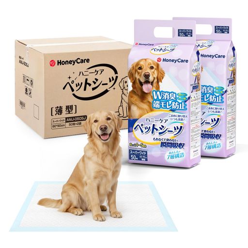 本商品「ハニーケア ペットシーツ」は薄型ですが、多層構造を採用したため、オシッコをたっぷり吸収いただけます。 レギュラー・ワイド・スーパーワイドで3つのサイズを用意したので、小型犬(子猫)から中型・大型犬までに対応いただけます。 瞬間吸収・逆戻りにくい・におわない・高品質原材料などの革新的な技術で品質グレードをアップいたします。 こだわりの多層構造でオシッコを吸収し、しっかりとキープするため、漏れにくくなります。 お得な大容量のため、一枚当たりの単価が安くて、気軽に使用しやすいでございます。
