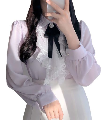 [TOWYYO]地雷系ブラウスかわいいリボン取り外し可能レースフリル華やか長袖シフォンシャツレディーストップス量産型おしゃれ大人フェミニン春夏秋パープルL