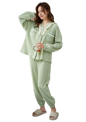 [HouseYayoi]パジャマ上下セットルームウェアシャツ前開きレディースかわいいナイトウェア通気性部屋着寝巻襟付き誕生日綿大きいサイズVネック長袖秋冬2点セットグリーンM