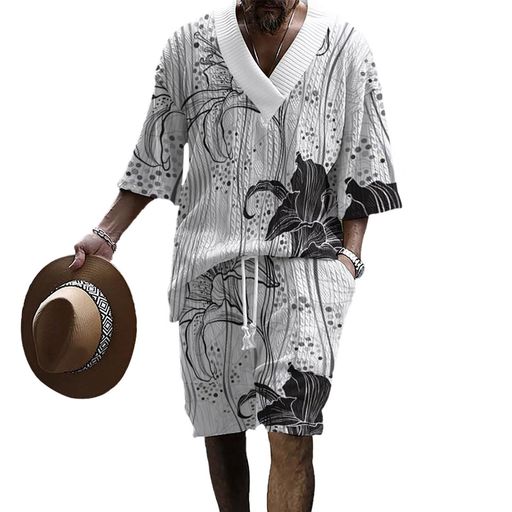 [Anmurye]ジャージ上下セットメンズプリント模様夏服半袖Tシャツカットソー+ショートパンツカジュアルVネックビッグサイズ快適ウエスト調整可能無地通気上下スウェットホワイト半袖(生…