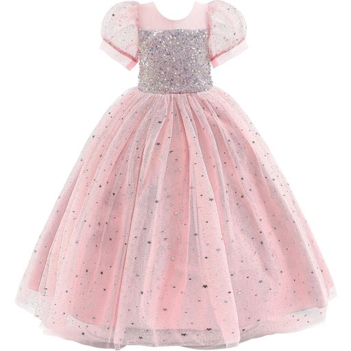 [WEILEENICE]子供結婚式ドレスピンク150ロング発表会ドレス女の子フォーマルパーティー入学式スパンコール中学生チュールフラワーガールドレスパフスリーブ