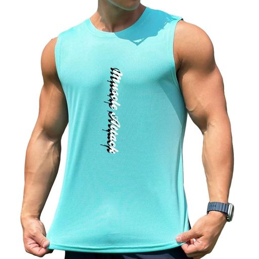 [メチーエング]タンクトップメンズトレーニングノースリーブ袖なし速乾スポーツジム筋トレウェアトップスカジュアルライトブルーL