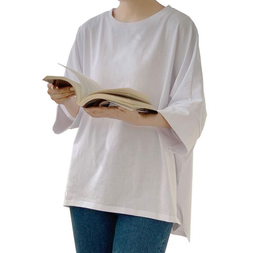 American Casual - [7-livehouse]tシャツレディース半袖カットソートップス大きいサイズ丸襟サイドスリットゆったり無地着痩せきれいカジュアル体型カバー通勤オフィス春夏