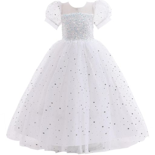 [Weileenice]子供ドレス結婚式白ドレスロングキッズワンピース女の子発表会150中学生パーティー誕生日フォーマルスパンコールパフスリーブチュールドレス