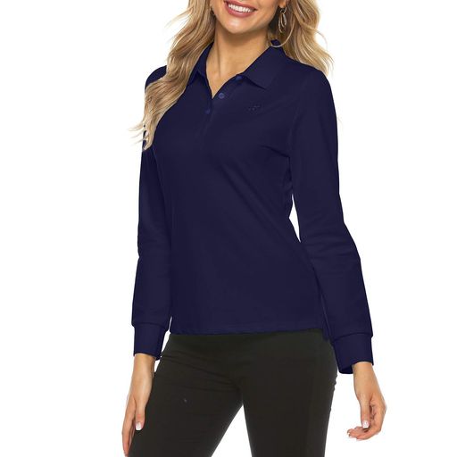 [YIRUIYA]ポロシャツレディース長袖半袖吸汗速乾カットソースリムTシャツ襟付きゴルフウェアスポーツカジュアル運動ウェアレディーストップス(長袖-ネービー2L)