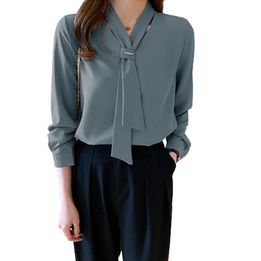 [KUMIMODA]シャツブラウスレディースシフォンリボントップスVネック長袖無地エレガントオフィス着痩せおしゃれ可愛通勤デートお出掛け秋冬春秋