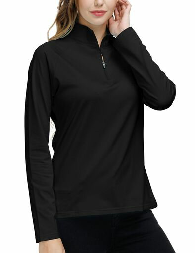[YIRUIYA] Women's Outdoor Shirt Long Sleeve Sports Shirt Plain Sportswear Fitted Breathable Sweatshirt Women's Golf Wear Autumn/Winter Top Black 2XL