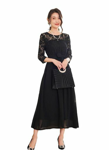 エクスロング丈結婚式ドレスレース袖あり体型カバーマキシドレスフォーマルワンピースハイウエストパーティードレス披露宴二次会お呼ばれドレスシフォンドレス30代40代50代(ブラックS)