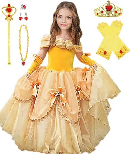 [TYHTYM]ベルドレス(衣装+アームカバー+ティアラなど)8点セット子供用ワンピースプリンセスなりきりキッズコスチュームふんわりキッズドレス童話キャラクター誕生日会/ハロウィン/クリス…