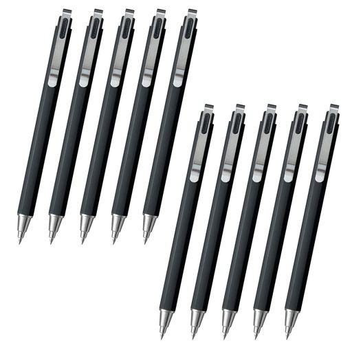 【セット内容】0.5mm・ピュアブラック10本セット 【特長1】上質感あふれるデザイン 【特長2】マットな質感で握りやすい 【特長3】低重心で安定した書き心地 【一本あたりサイズ/重さ/材質】14.5xφ1.1cm/14g/頭冠・軸:ABS、先栓:真鍮、クリップ:ステンレス