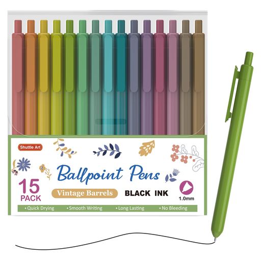 SHUTTLEARTボールペン15本セット1MM黒インクノック式ビンテージカラー軸速乾耐久書き心地いい手帳ノートグラフスケッチ事務用筆記具用文房具子供用入学お祝い誕生日プレゼント格納式ヴィ…