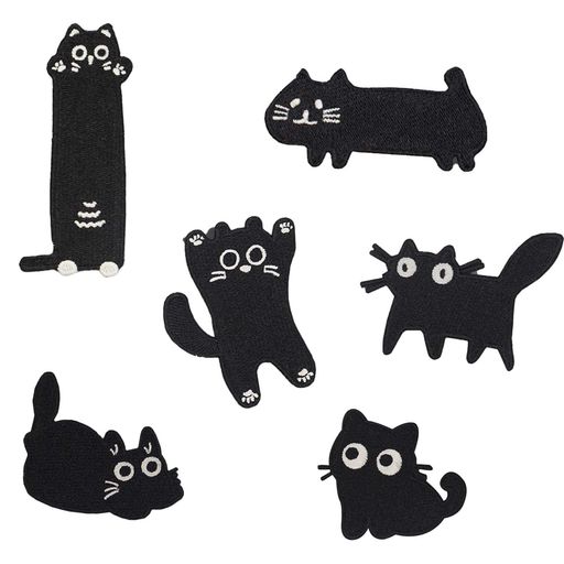 PAVIKEワッペン猫ワッペン黒猫自己粘着アイロン不要アイロンワッペン猫アップリケ6枚入り可愛い女の子..