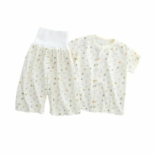 ベビー服パジャマ夏服薄手綿腹巻上下セット前開き半袖女の子男の子子供服メッシュ総柄贈り物ベージュ森..